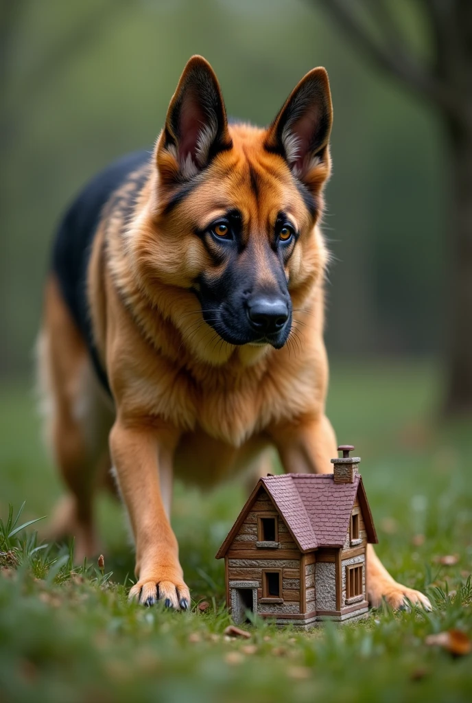 A German shepherd dog , holding on to a mini house , as though he is protecting the house