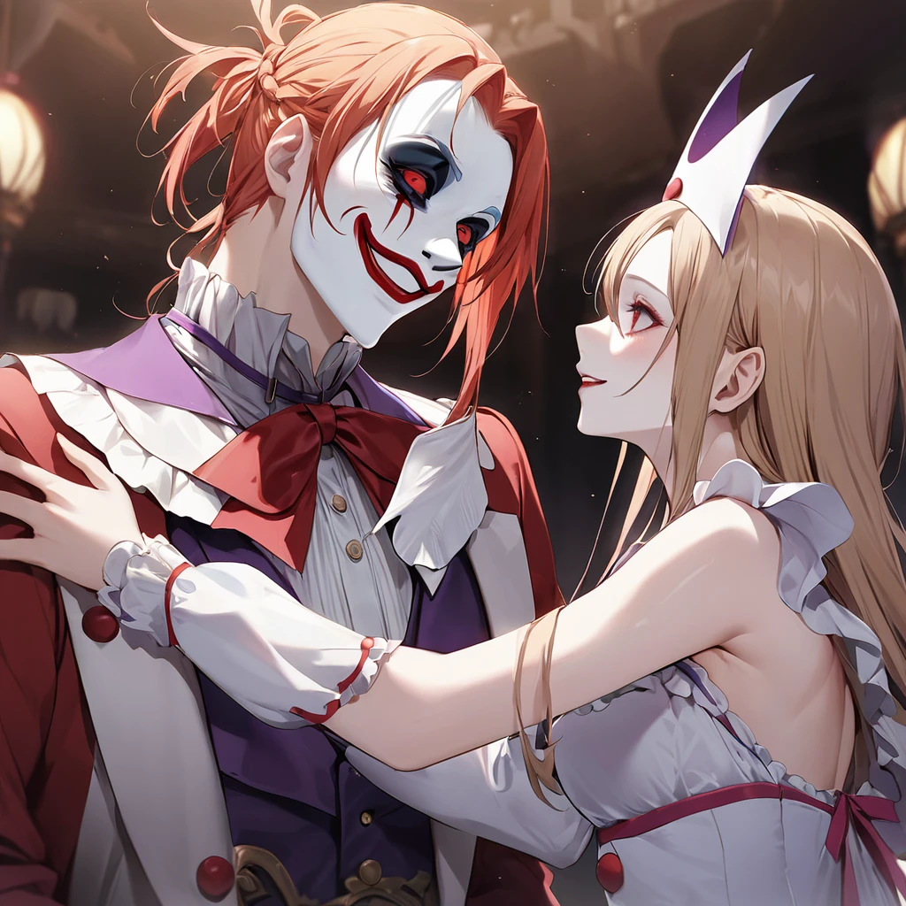 ((Highest quality)), ((masterpiece)), (detailed), （Perfect Face）、((The woman is a clown lady who used to be Asuna Yuuki. She has light brown, semi-long hair, pure white skin, and is wearing a creepy clown mask.))、The woman was dressed in a creepy clown costume, wearing a jester hat with clown makeup, a creepy clown face, and a red nose.、The woman is a creepy, evil, lewd clown who is a minion of an evil organization.、The woman is in love with the ringmaster clown in the evil circus.、The Pierrot leader made the woman his own, and as his Pierrot wife, her love and loyalty was engraved into his soul forever.、The woman is the wife of a destined clown couple who are spiritually bound to the head clown.、The woman, from her hair to her soul, became the property of the Pierrot leader、The woman was completely dyed in the Pierrot leader's color and eternally bound as his ideal Pierrot wife.