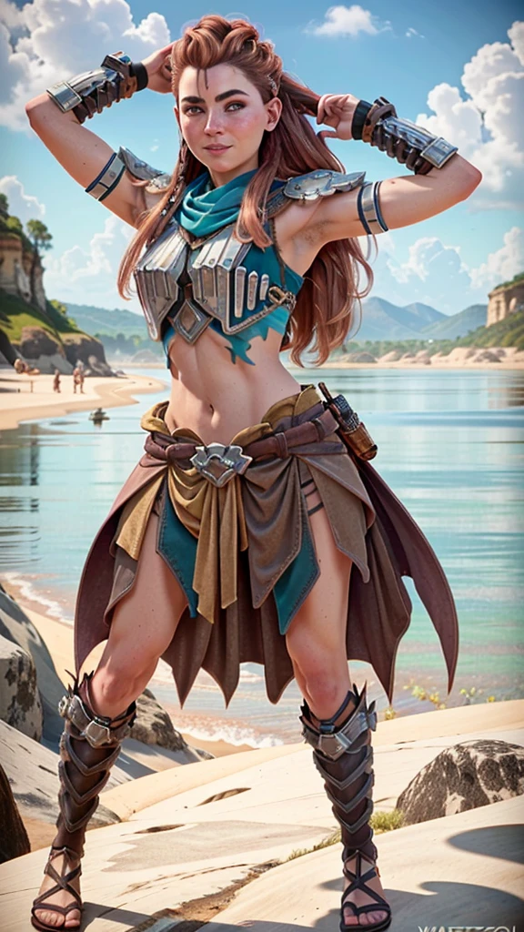 AloyHorizon, (((1solo, 1girl)) long hair, smile, red hair, hair ornament, navel, brown eyes, weapon, braid, parted lips, sky, day, midriff, red hair, armor, blue sky, tattoo, ocean, looking away, thick eyebrows, shoulder armor, freckles, showing armpits and pussy half naked. Shaved armpits, full body. 