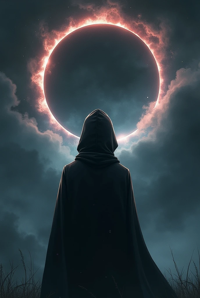 Create an album cover art for 'Eclipse'. The image must feature a solar or lunar eclipse as the central element, with a dark and atmospheric style. Use dark, contrasting colors, with a mysterious background. Include the title 'Eclipse PHONK' and the artist's name prominently "JheeyZ", with a font that matches the dark theme. And make a young man with a hood looking at the eclipse