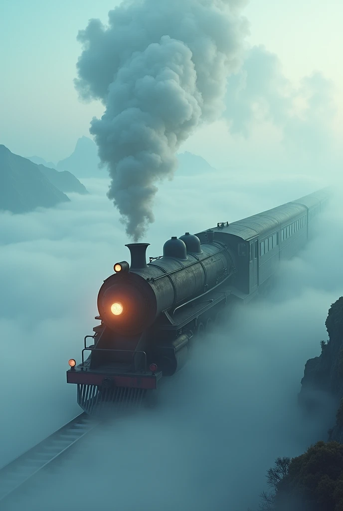 An old steam locomotive is running slowly above the soft white clouds. The train's body has a rusted metal texture, and white smoke rises from the chimney, blending into the surrounding fog. The field of vision is shrouded in a hazy, deep fog, creating a fantastic and mysterious atmosphere. A faint light leaked through the train window, and the shadows of the passengers could be seen. In the background, the blue sky peeking through the clouds and mountains floating in the distance are depicted, creating a mysterious scene that makes you feel like you are in a dream.