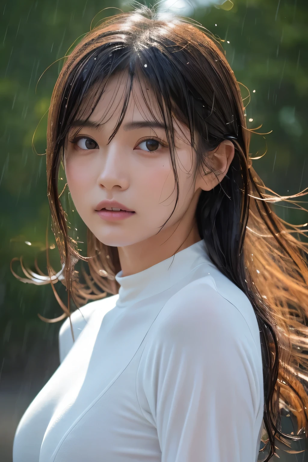 Hair blowing in the wind、Wet Skin、Wet Hair、Wet clothes、(pouring rain)、coastal,A cute girl with a face like a Japanese idol,  (Cinema Lighting),(Natural light),(High level of artistry),(artistic),(Indistinguishable quality from the real thing),{{RAW Photos}},{{Genuine}},High resolution,masterpiece, beautiful, Handsome Tomboy, Looks like a salon model, Cool face, Neutral facial features, White high-neck bodysuit, nsfw,
