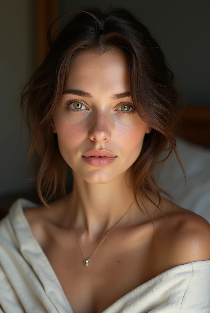 A realistic style image looking at a fair-skinned woman, Medium Brown Hair, Light brown eyes, small face looking at the camera that just woke up