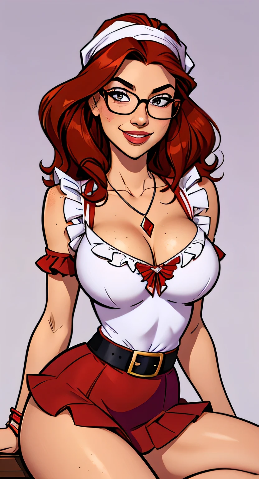 Thin woman, Waist slender, beautiful smiling, 4K (High definition), teacher in purple boat neck shirt (with ruffles), necklace with red diamond, black belt, long white curly hair, Caucasian skin, round glasses, shoulder length wavy red hair (using bandana), sitting, eyes browns, busty with freckles. comic style, white background.