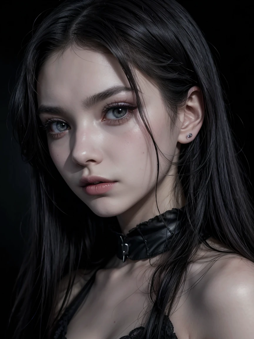 best quality,4k,8k,highres,masterpiece:1.2,ultra-detailed,realistic:1.37,Wednesday Adams,gothic black,glitter eyeshadow,black background,portrait,creepy,vivid colors,dim lighting,horrific expression,long black hair,bat pendant,hauntingly beautiful,attitude,dark dress with collar,striking contrast,brooding atmosphere,detail-oriented,sharp focus,macabre,unique,subtle makeup,pale complexion,13-years-old,quirky,comic book inspired,gothic beauty,eyebrows on point,innocence mixed with darkness,black-and-white aesthetic,emotional intensity,deep,penetrating gaze,raven companion,foreboding,oppressive,fascinating,heart-shaped face,contrast between light and shadow,distinctive style,bewitching presence,unconventional,daughter of Morticia and Gomez,close-up,fierce,undying love for the macabre,full lips,piercing stare,brooding teenager,dark and atmospheric,edgy,vampire-like,poetic melancholy.