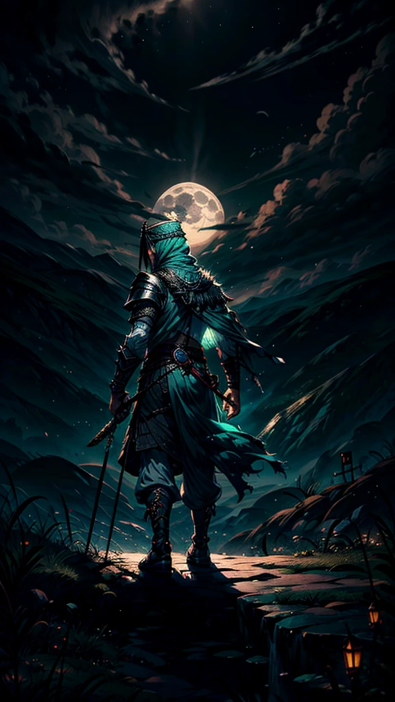 In green color islamic drees muscular warrior wearing a long turban on his head a long veil on head backside full body cover islamic clothes in full moon night 8k quality fantasy illustration in a dark night fantasy illustration with aura nightview
Here’s the revised prompt including the Zulfiqar sword:
"A highly detailed illustration of an Islamic warrior walking firmly into the distance, facing away from the audience under a full moon night. The warrior is adorned in traditional Islamic attire, including a cloak on his head and a long chadar flowing behind him. He carries the iconic ((Zulfiqar sword,)) which has a split tip, strapped to his back. The scene is set in a vast desert under the dark sky, with rolling white clouds and thick smoke drifting into the air. Eagles soar above as the moonlight casts noticeable shadows and light effects. The image has a vivid color scheme with a focus on dark, deep tones, enhanced by light particle effects. The overall style is akin to an ink painting with clear layers, depth of field, and ray tracing, emphasizing the nocturnal atmosphere. This 8k quality image is suitable for a wallpaper, capturing the mysterious journey through a moonlit landscape."