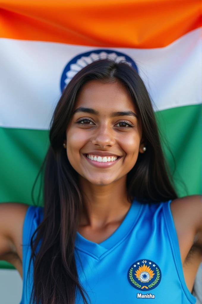 A 18 years old girl named Manisha wearing Blue jursey with her name, and she is holding indian flag