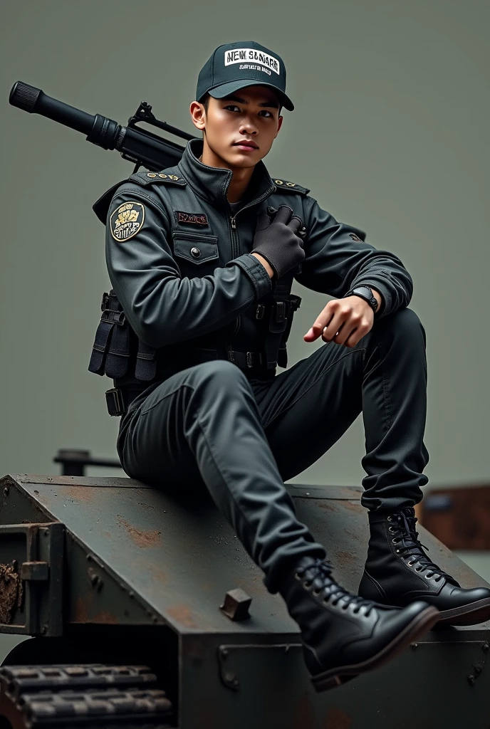 A Handsome Indonesian Young Man, Topi Snapback, holding a stylish toy gun on his shoulder, sitting on the barrel of a modified replica tank toy gun made from the strongest materials, wearing a squadron uniform that says "NEW STUFF", black protection, Realistic, 8k. Indonesian:mod by Vina Sumber