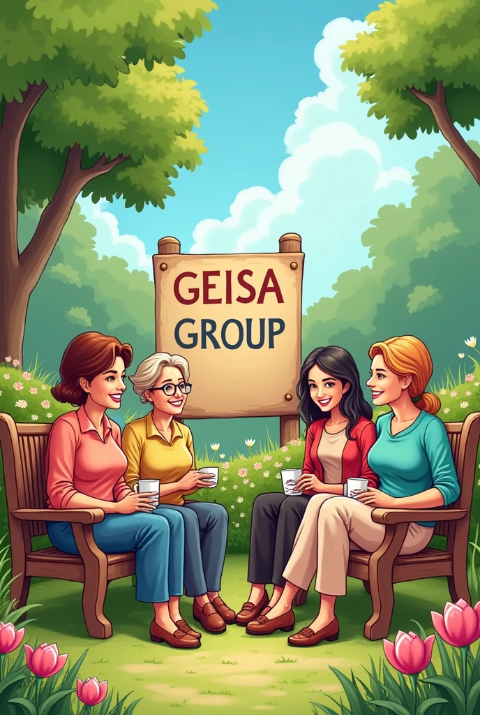 Cartoon image of a group of very happy adult ladies sitting on the beautiful benches of a field full of trees and flowers, where a sign is seen whose text says "GEISA GROUP"