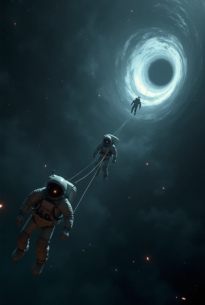 Astronauts has lost their spaceship and they are on the space
And the only thing they see, is their cables and Starz
At the background there is a black hole, light
The spaceship is near to the black hole