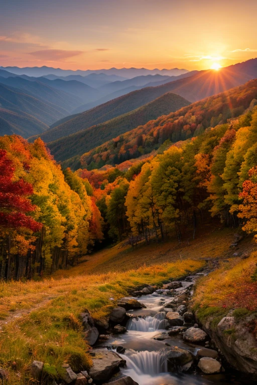 Mountain、autumn leaves、sunset