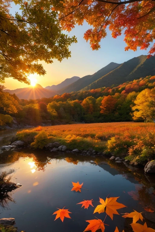 Mountain、autumn leaves、sunset