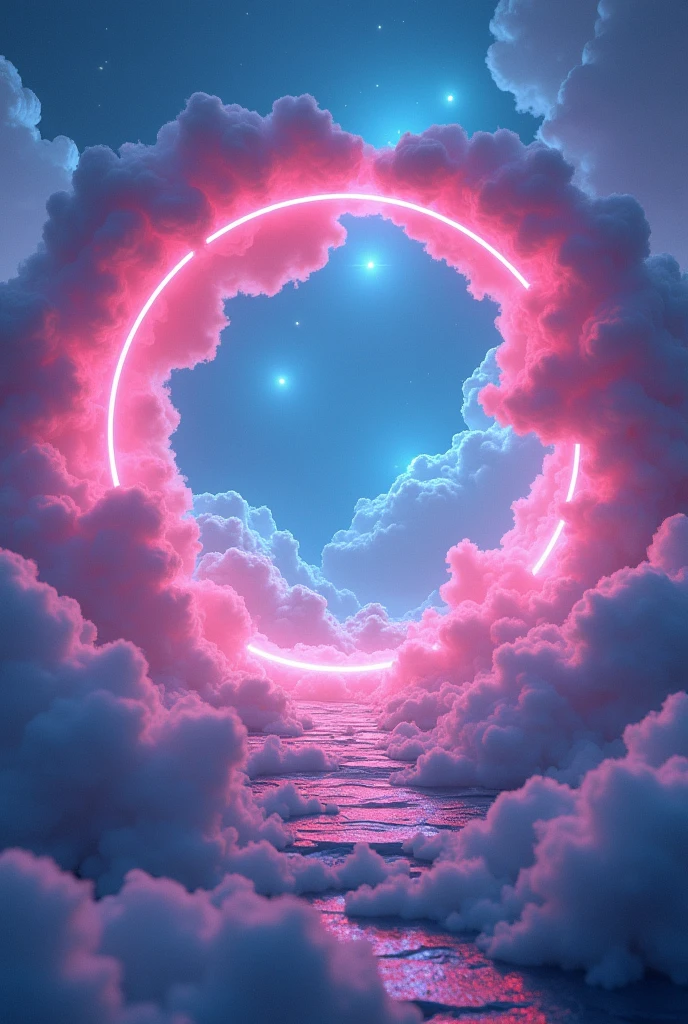 (A circular neon-lit portal surrounded by lush, colorful Olympus-style clouds