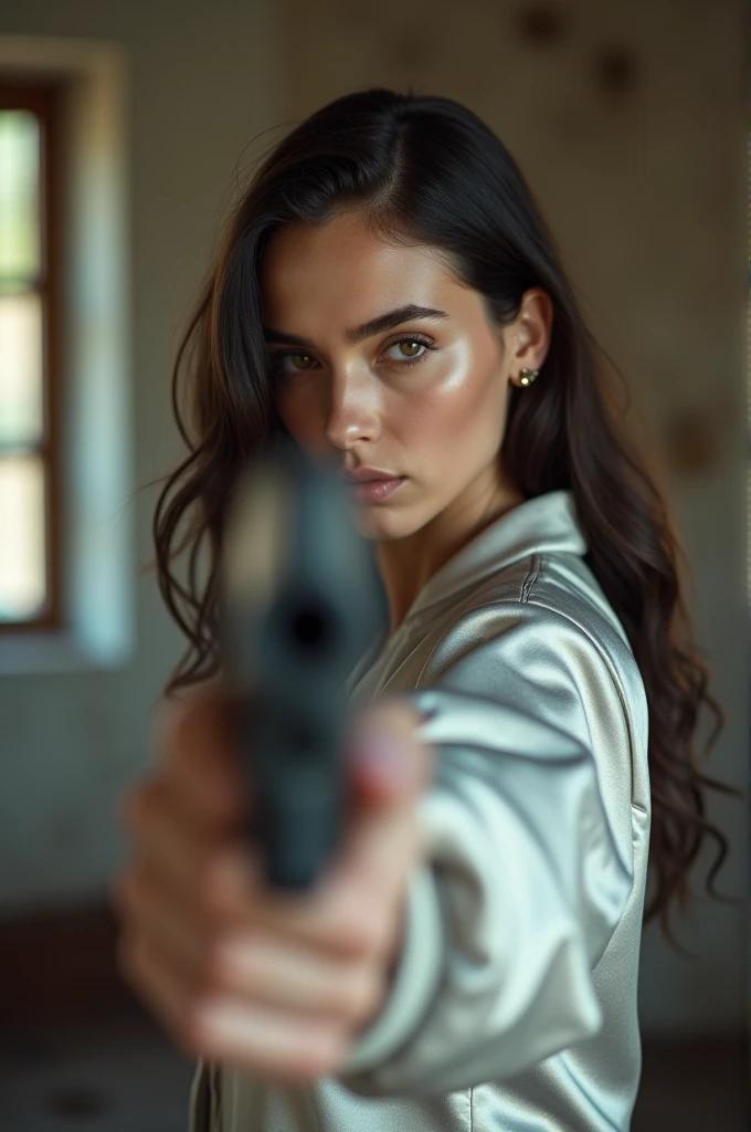 wide depth of focus, living room background, wasteland,, fragments, soft feminine grey and white satin bomber jacket,  woman posing with a pistol up by her face, fighting stance，almost perfect, pure form, intricate details, 8K post-production, high resolution, super detailed, Popular topics on Artstation,, Studio photos, intricate details, Very detailed, both woman and her pistol are in focus