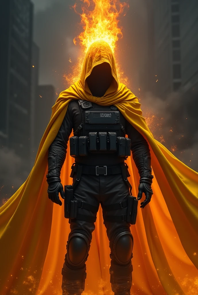 A hooded man whose face is not visible, wearing a crown of magma, a SWAT suit, and a yellow cape.
