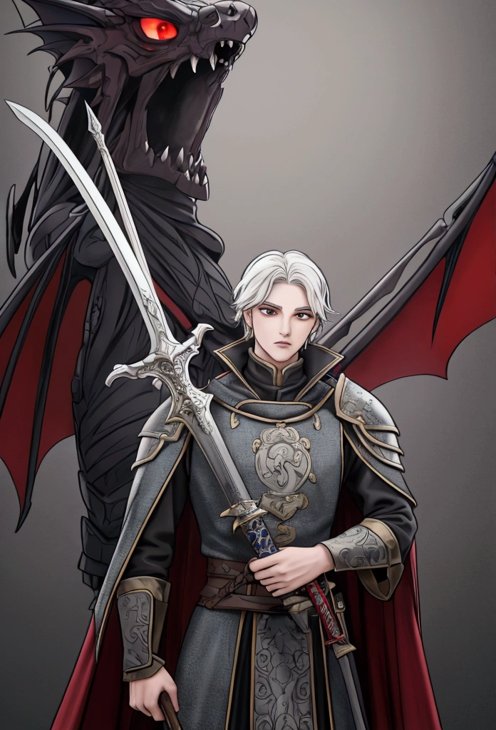Ancestral Sword of the Kings: A long and imposing sword, forged from Valyrian steel, with a black polished blade that reflects light menacingly. The blade design can be sleek and deadly, with a slight curvature that suggests a combination of elegance and raw power.

The sword's hilt would be wrapped in dark leather, worn by time and use, with details in old silver or iron. The guard can be shaped like sculpted dragon wings, representing the power of the Targaryen or another noble house. The pommel of the sword can be adorned with a bright red jewel or a stylized dragon skull, referring to the ancient lineage and the supernatural threat that the sword represents.

The overall design would be austere, brimming with symbolism, reflecting the dark and violent history of the great houses of Westeros.