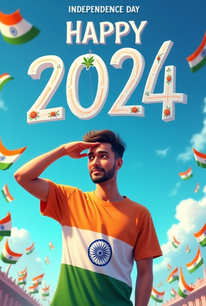 A 24 year old boy stands proudly under a clear blue sky, celebrating Independence Day on August 15th, 2024. He is wearing a vibrant tricolor T-shirt with his name "Bunty" printed on the back, along with a large image of the Ashoka Chakra. The sky above him features the words "Happy Independence Day 2024" in bold, festive letters. Indian flags are flying around him, and a sense of national pride fills the air as he salutes, symbolizing his love for the country.