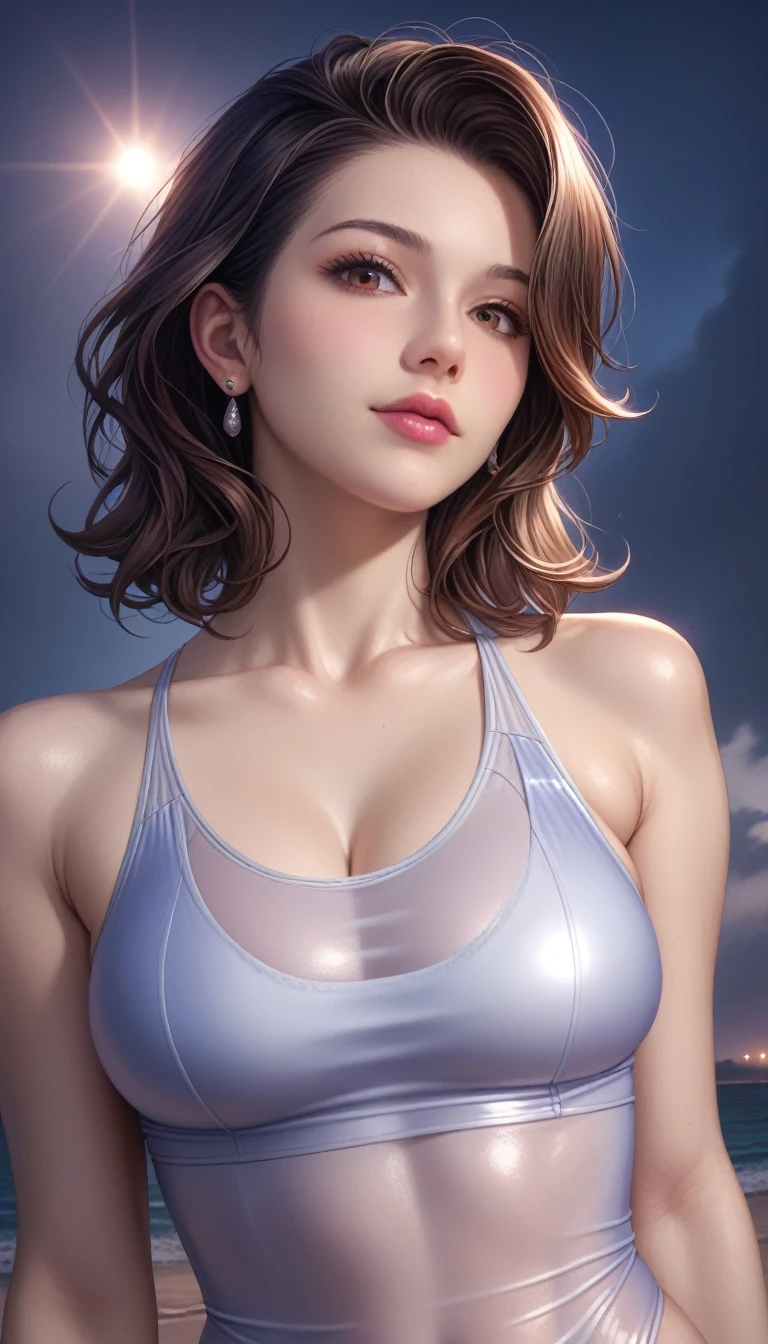 score_9, score_8_superior, score_7_superior, High resolution 3D anime style,A masterpiece in 32K resolution,Highest quality,it is really amazing,Very detailed,Ultra-high resolution,Ultra-realistic,Realistic,Increased depth of field,Cinematic lighting,
(Sexy mature Japan woman:1.1),
black straight medium hair,Ultra-detailed and beautiful face,Calm and gentle look,Beautiful brown eyes,Translucent white skin,Realistic skin texture,Great proportions,
Elegant high leg swimsuit,
Bold design,Chic color scheme,Detailed fabric texture,
(Dark overcast sky on a dull night:1.1),(Dark clouds filling the sky:1),(Thundercloud:1),Coastline at night,Stormy seas,(delay々A desolate sandy beach that continues:1),
Cinematic Angle,
