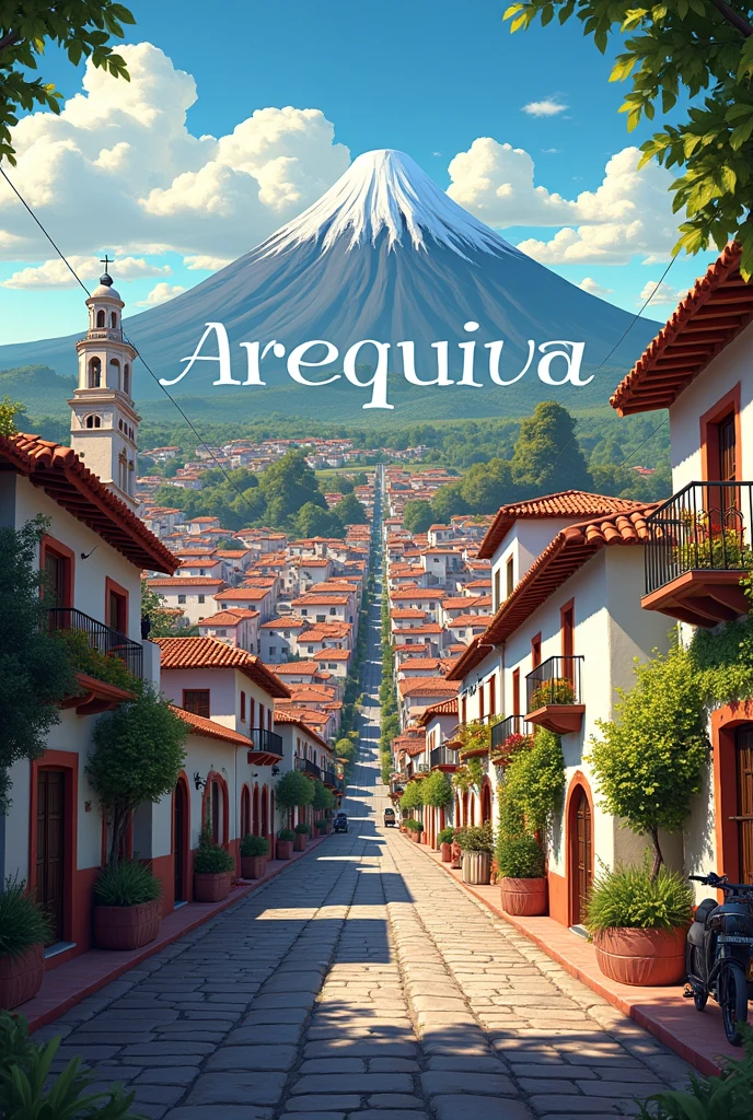 Make an image that in the center says "Arequipa" and around with things related to the "City of Arequipa"