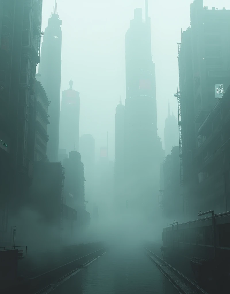 The cityscape of a cyberpunk city shrouded in thick, enigmatic fog、Distant and Near Views、Up-down、