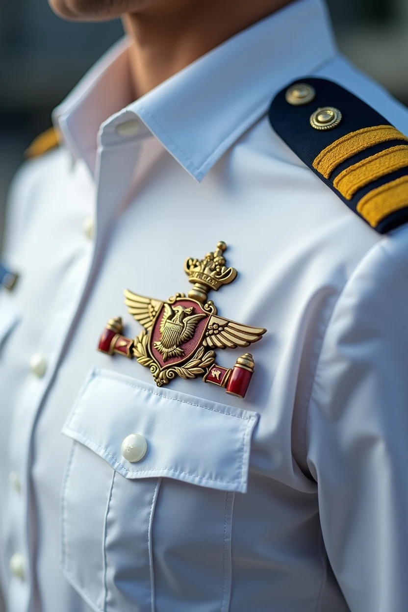 A zoomed-in image of the badge on a Naval Officer Candidate's uniform.