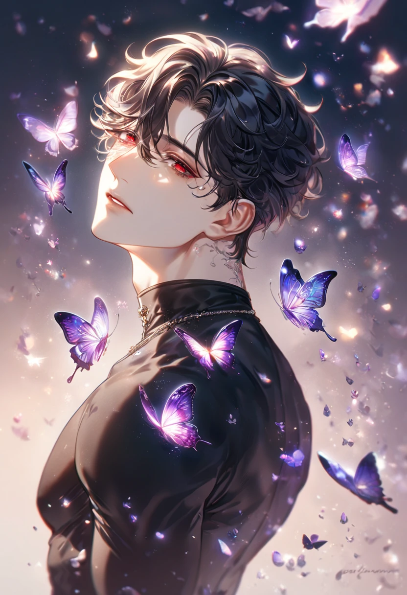 absurdres, highres, ultra detailed, HDR) master piece, best quality, extremely detailed, delicated features, Jaehwan, black hair that parts just above his left eye and curls a few inches below the nape of his neck, expressive red eyes, The World After The Fall, solo, sexy man, handsome, sensual, black coat, black tight turtleneck shirt, toned, black gloves, fantasy, magical, glittering, shining, purple flames, purple moon, purple flowers, purple butterflies