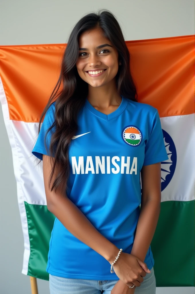 A 18 years old girl named Manisha wearing Blue jursey with her name, and she is holding indian flag 