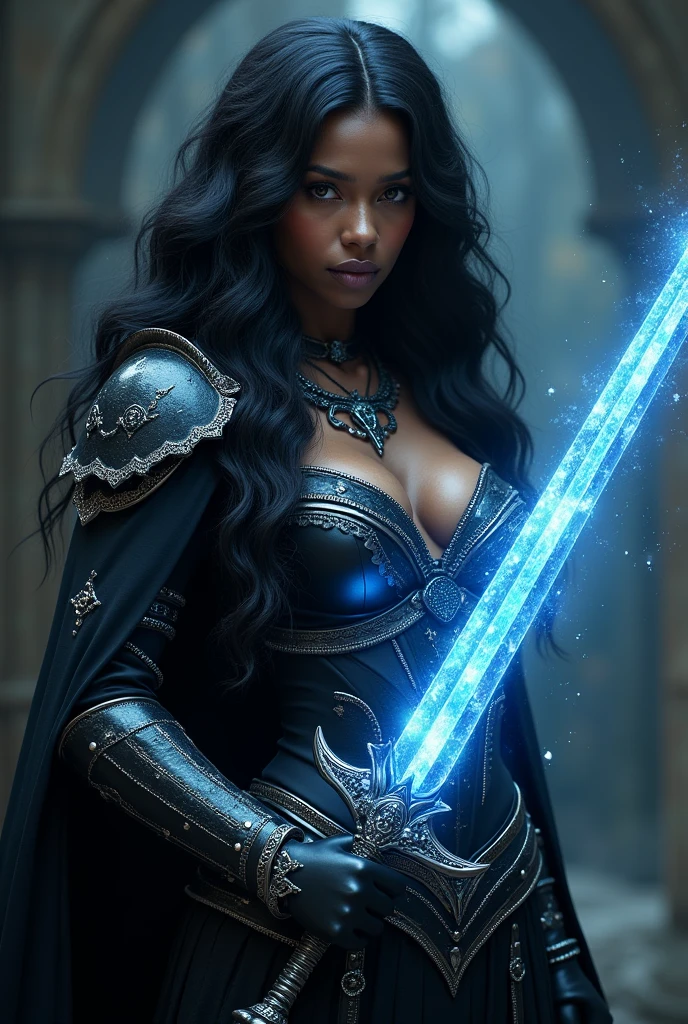 Black woman with long, dark, wavy hair, with giant breasts wearing a gothic medieval outfit with a striking gaze holding a blue ice sword