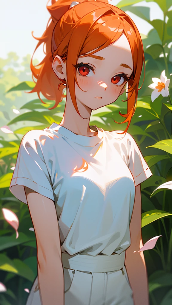 1 Girl、Orange Hair、ponytail、Beautiful red eyes、LOL、fun、White T-shirt with ethnic pattern、White shorts、1 beautiful and delicate portrait、The background scenery is a garden where petals are scattering.、Soft lighting、Upper body close-up