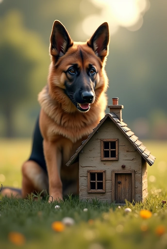 A German shepherd dog sitting with his two front legs to the side of a mini house and his face leaning on the top of the house