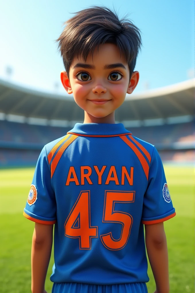 A boy wearing Indian cricket team jersey of Aryan 45