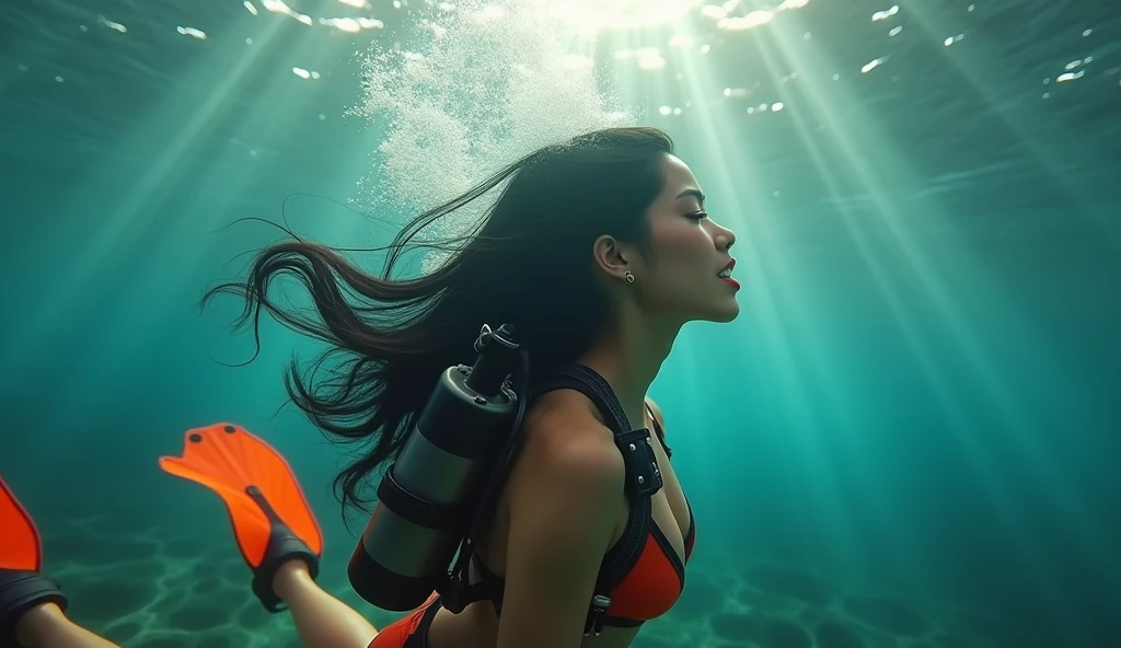 (work of art, ultra detali, cinematic, Underwater, style raw), 20-year-old diver, elegant and graceful, blackquality hair, diving equipment with tank and bright orange fins, bright red lips appeared with excitement, bubbles rising from her mouth, sun rays penetrating the water casting cinematic light, smooth and surreal, side lighting illuminating her curvaceous figure, ultra-high resolution revealing all intricate details, sustainable and eco-friendly diving gear, confident and determined in her element, shallow depth of field emphasizing