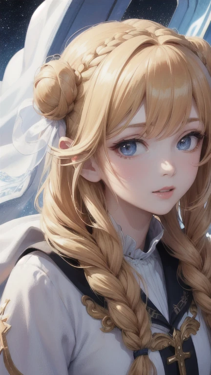 Portrait of a beautiful anime goddess,(masterpiece, Highest quality, Highest quality, Official Art, beautifully、aesthetic:1.2), (One person), Very detailed, (Fractal Art:1.3), colorful, Most detailed, Perfect Face, Upper Body, High resolution, (pray:1.3), (White cloak, golden lines:1.2), Milky Way, (Streaks of Light), Impressive visuals, (Dynamic stripes, Light trail:1.2), Vibrant colors, Blonde,Braided bun hairstyle