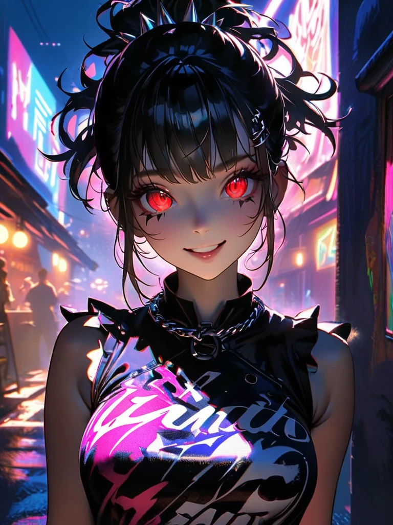 1 person, chromatic aberration, Written boundary depth, Soft Light, masterpiece, Highest quality, complicated, Tone Mapping, A place where fireworks are set off at festivals. Concept Art, Smooth, Clear focus, Dramatic lighting, Very cinematic, super practical painting, アートステーション's trending, 8k, Incredible Shadows, practical, whole body, View, Viewers, Portrait of a Girl 1, standing on street corner, Heavy rain and lightning、Dark Sky, neon and cyber punk background, she is dressed in punk clothing with silver chains and silver spikes, Her hair was dyed a bright black color..........Ominous aura of light, smile, punk, ciber punk, Backlight.Fashionable clothes、Friendly dress code:Stylish pink sleeveless denim style.My breasts are a little big.Beautiful red eyes