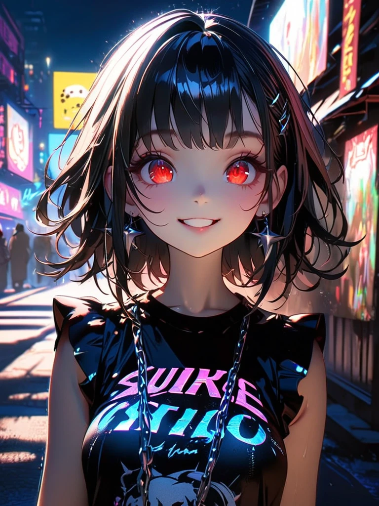 1 person, chromatic aberration, Written boundary depth, Soft Light, masterpiece, Highest quality, complicated, Tone Mapping, A place where fireworks are set off at festivals. Concept Art, Smooth, Clear focus, Dramatic lighting, Very cinematic, super practical painting, アートステーション's trending, 8k, Incredible Shadows, practical, whole body, View, Viewers, Portrait of a Girl 1, standing on street corner, Heavy rain and lightning、Dark Sky, neon and cyber punk background, she is dressed in punk clothing with silver chains and silver spikes, Her hair was dyed a bright black color..........Ominous aura of light, smile, punk, ciber punk, Backlight.Fashionable clothes、Friendly dress code:Stylish pink sleeveless denim style.My breasts are a little big.Beautiful red eyes