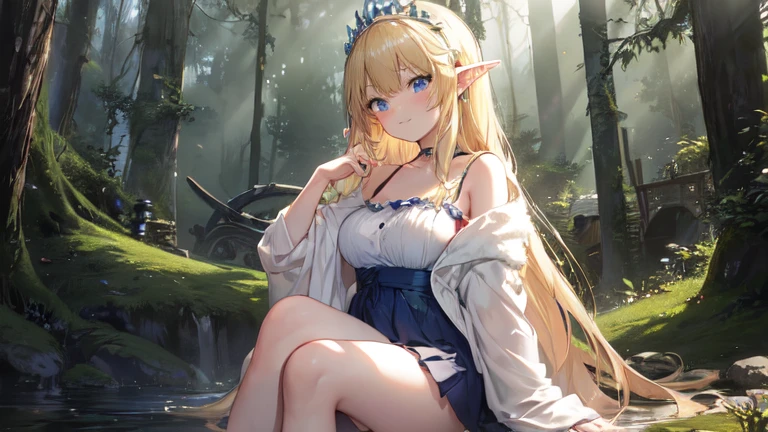 best quality、Highest image quality、Super beautiful elf beauty((22-year-old OL with big bust、Bust 90,Beautiful long permed hair、Blonde、Slender、beautiful tiara、high quality、Elf ears、Happy smile、myth、Sexy的、extremely good、Mysterious Forest、in the woods、super high quality, Super detailed, Ultra-clear, forest, one person, long blonde hair, sleep, Swimsuit, dress, dress, Bathrobe, mini skirt, Stockings, Sexy, looking into the distance,Overlooking, posture, attitude, model