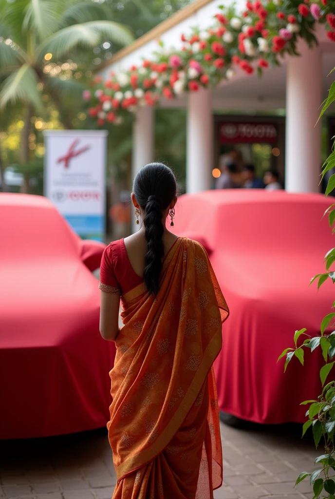 Make a photo of  a lady in Kerala saree welcoming people to kairali toyota  showroom for a grand new car key handovering ceremony of toyota vehicles covered in red satin cover  decorated the premises with flowers
