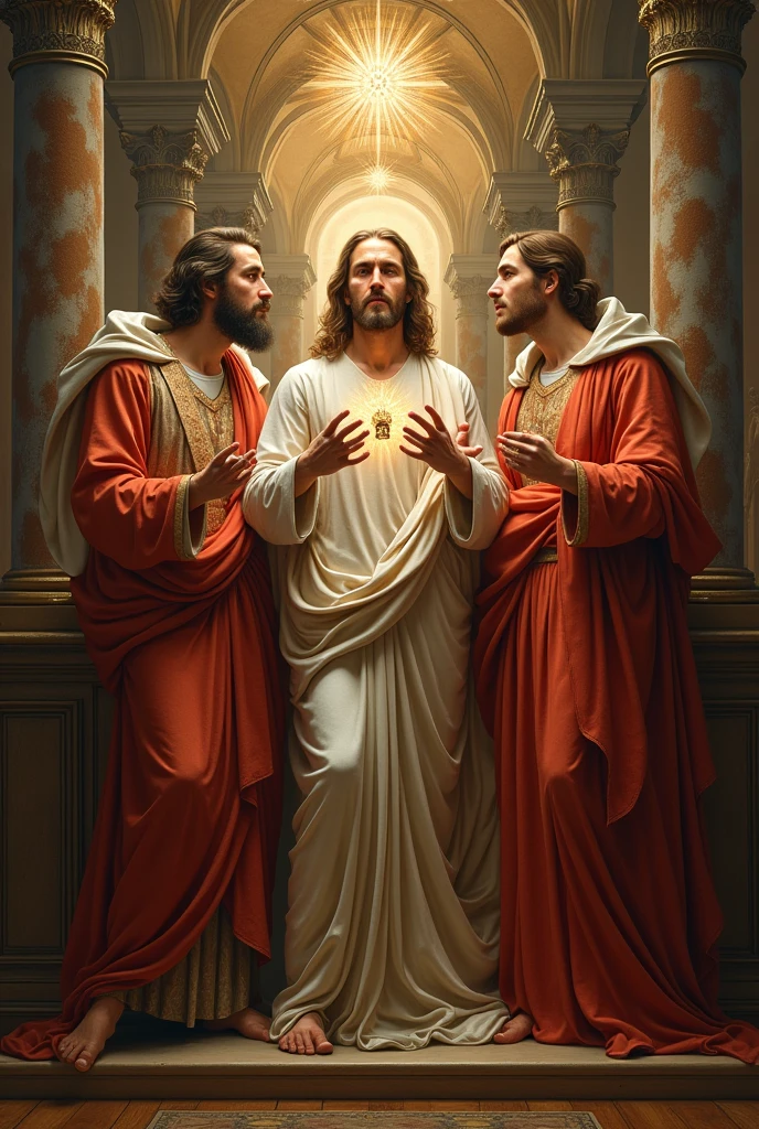 
Da Vinci style. A highly detailed portrait of the Holy Trinity, oil painting, masterpiece, photorealistic, 8k, intricate religious symbolism, majestic religious architecture, dramatic chiaroscuro lighting, rich color palette, ornate religious iconography, elaborate religious robes, divine spiritual essence, heavenly atmosphere, stunning attention to detail, classical renaissance style


