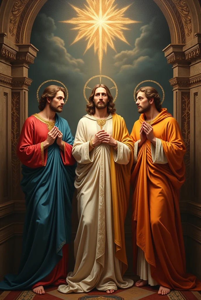 Da Vinci style. A highly detailed portrait of the Holy Trinity, oil painting, masterpiece, photorealistic, 8k, intricate religious symbolism, majestic religious architecture, dramatic chiaroscuro lighting, rich color palette, ornate religious iconography, elaborate religious robes, divine spiritual essence, heavenly atmosphere, stunning attention to detail, classical renaissance style