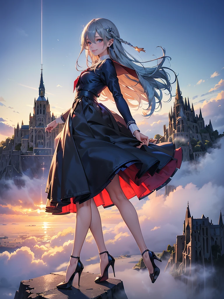 ((Biologically correct limb count)),(( From head to toe,Full-body photo including face)),4K,masterpiece,((Focus on the face)),((Symmetrical facial features)),Eyes with detailed description,Beautiful woman,Great style,Beautiful arms,Beautiful legs,Beautiful Hands,(Small Ass,Thin thighs),Detailed depiction of the face,Small earrings,necklace,(Will school uniform,dress((High heels))),((early morning)),(((blue blonde))),Realistic photo,Looking up,smile,((Mont Saint-Michel and its bay,Panty shot)),Nobody is here,(Thick Fog:1.3)