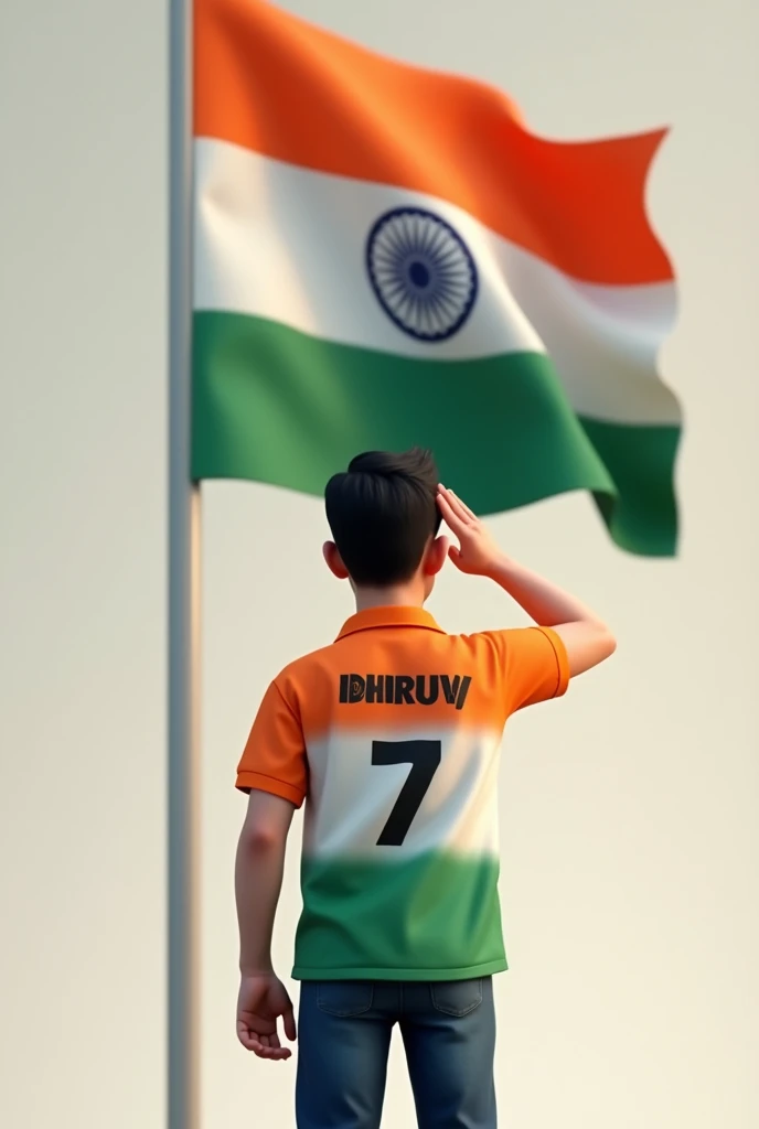 2ND PROMPT :- A 21 years old boy salutes the national flag of Bharat and he is wearing a shirt print is like Bharat flag and ” DHRUV ” and 7 number and republic day in small written on it’s back in big and bold fonts, 3d illustration.