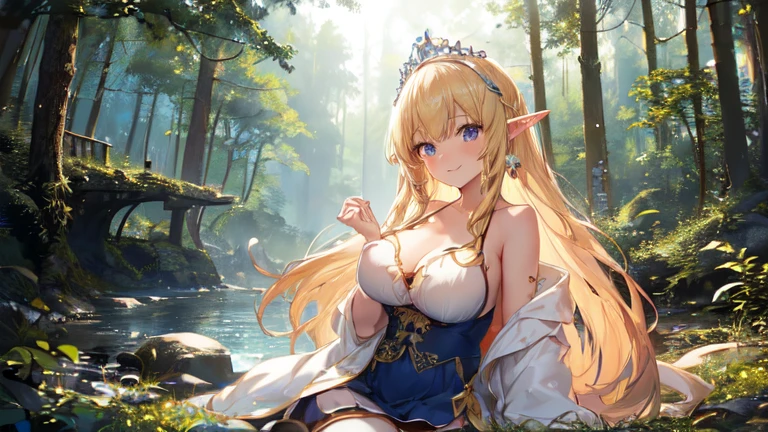 best quality、Highest image quality、Super beautiful elf beauty((22-year-old OL with big bust、Bust 90,Beautiful long permed hair、Blonde、Slender、beautiful tiara、high quality、Elf ears、Happy smile、myth、Sexy的、extremely good、Mysterious Forest、in the woods、super high quality, Super detailed, Ultra-clear, forest, one person, long blonde hair, sleep, Swimsuit, dress, dress, Bathrobe, mini skirt, Stockings, Sexy, looking into the distance,Overlooking, posture, attitude, model