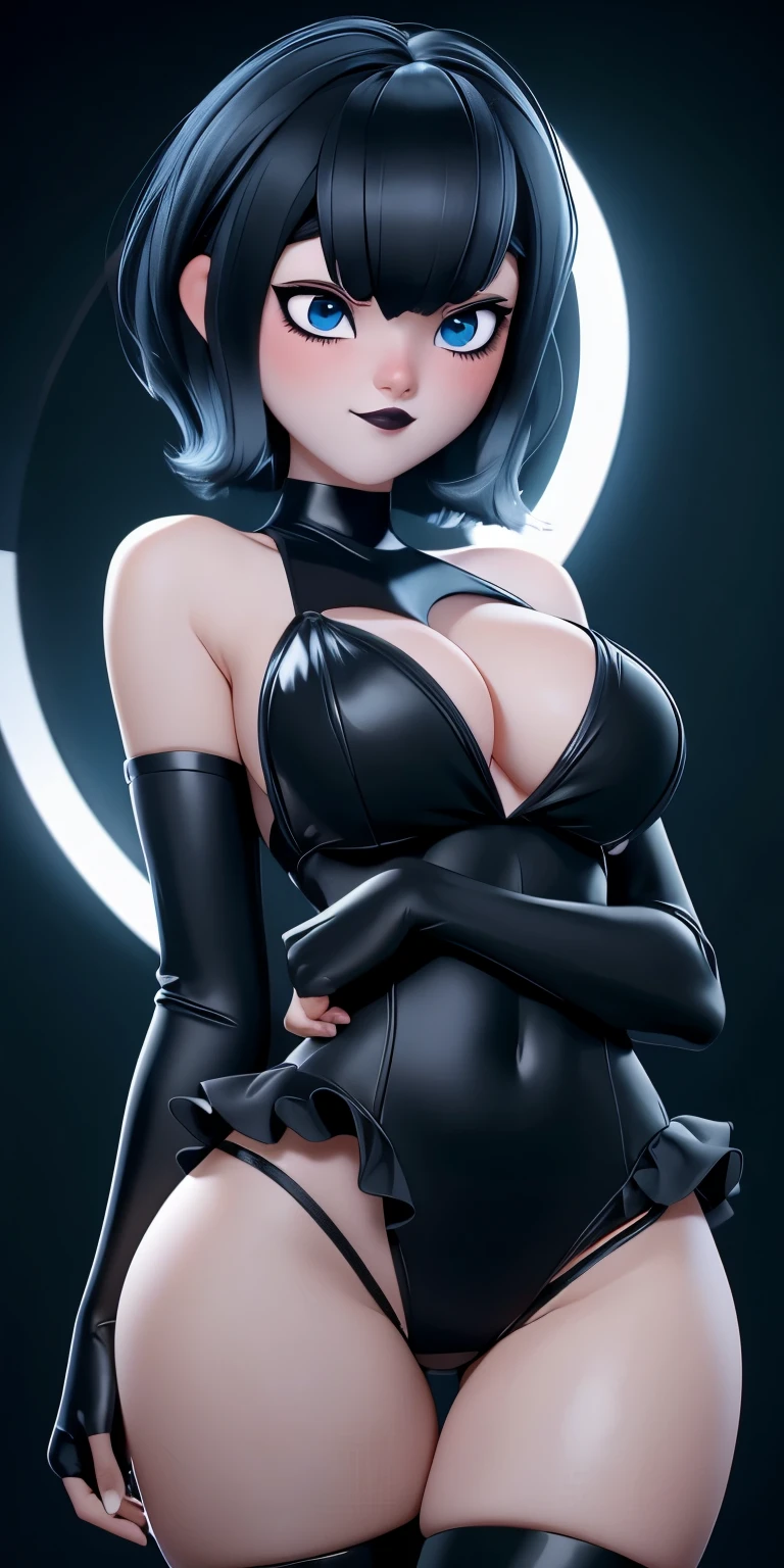 (High quality: 1.3), masterpiece, (sharp focus: 1.5), full body portrait of (a beautiful young woman sexy, pale skin, gothic, still proud and fierce, straight black short bob hair, dark look, dressed in a highly detailed latex top and skimpy jean shorts, dark atmosphere, but sculpting the shapes in sharp chiaroscuro), is night, (highly detailed skin), (detailed face), detailed background, dark lighting, twilight lighting, volumetric lighting, complex details, UHD, big sexy thighs, eyes looking seductively forward, big perfect, hourglass body shape, perfect mouth and face,