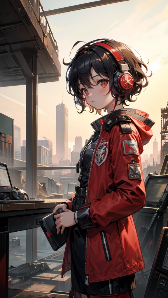 The metropolis of the future.A cute and charming oriental child,Wear headphones,Short curly hair,Wearing a red and white combat uniform,Wearing a combat coat，Technology watch,display computer screen，in the ruined city