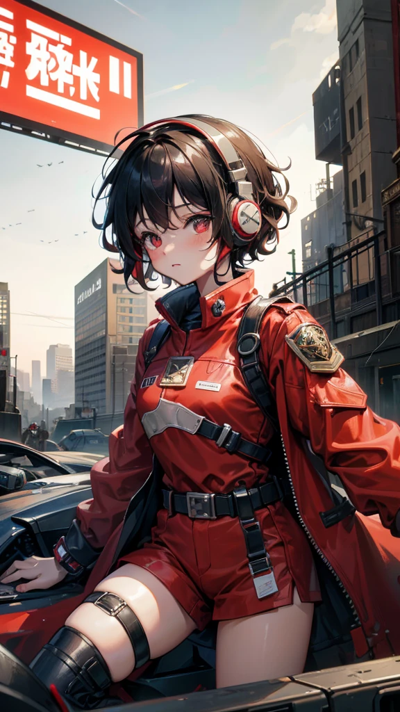 The metropolis of the future.A cute and charming oriental child,Wear headphones,Short curly hair,Wearing a red and white combat uniform,Wearing a combat coat，Technology watch,display computer screen，in the ruined city