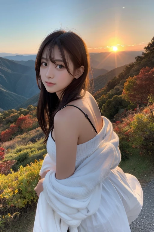 Mountain、autumn leaves、sunset