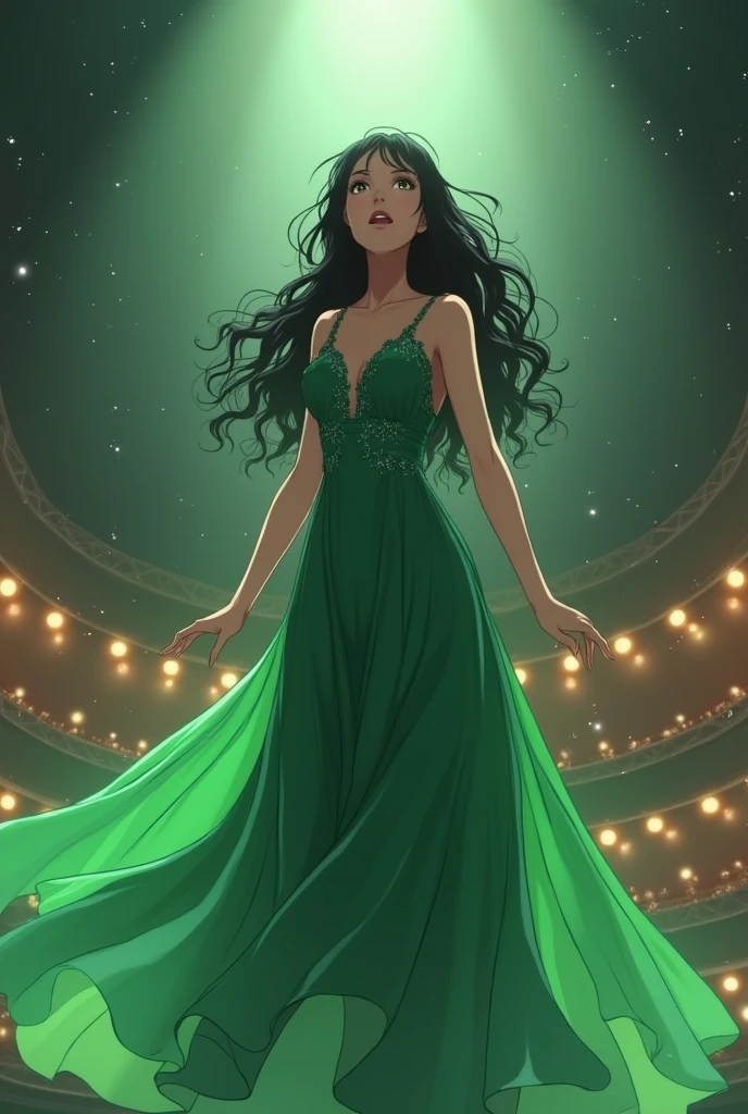 A woman between 20 and 25 years old with long, curly black hair wearing a green dress, singing on a theater stage while looking up, anime style.