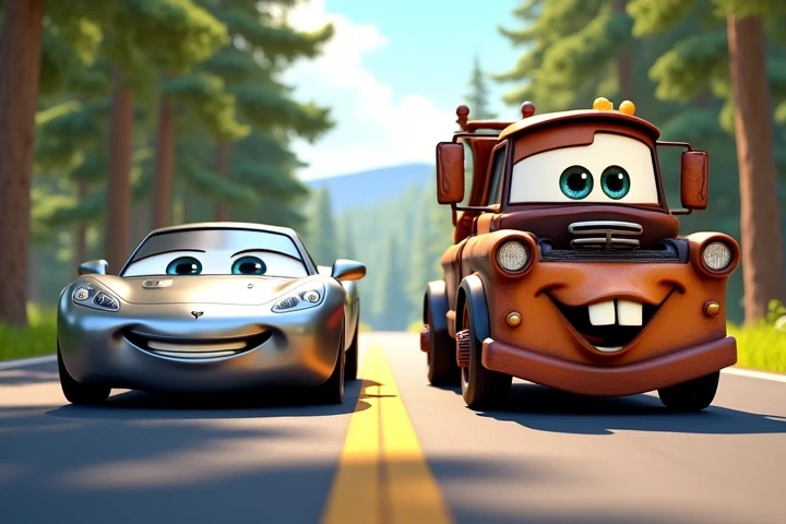 「Two animated cars、one with a glossy surface and large, expressive eyes、In a sleek rainbow sports car with a confident smile、The other was a state-of-the-art looking tow truck with a warm and friendly smile.、drive side-by-side down a scenic, sun-drenched road。the red car's metal surface reflects the soft sunlight, creating a sophisticated look、The tow truck contrasts with that cheerful attitude.、towering pine trees with lush green leaves cast dancing shadows on the road around them」