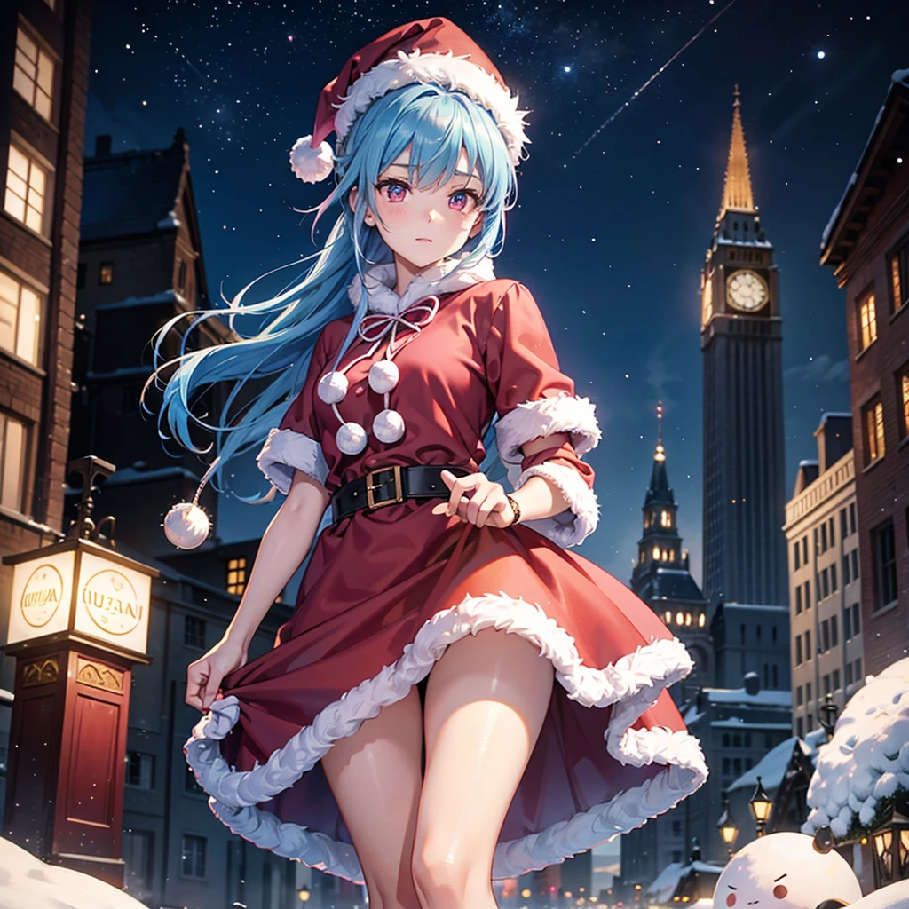 (Sky blue hair tied in a single strand),(Pink Eyes),Fair Skin,Full Body,Alone,Santa Claus Clothes,Giant Christmas Tree in the Background,Snowy Night,Sparkling Night Sky,gift box,Masterpiece, Top Quality, Very Detailed, Best Shadows,Detailed Background,Beautifully Detailed Face,High Contrast,Best Lighting, Very Delicate and Beautiful,Cinematic Light,Hyper Detail,8k,Dramatic Light,Exquisite Detail,