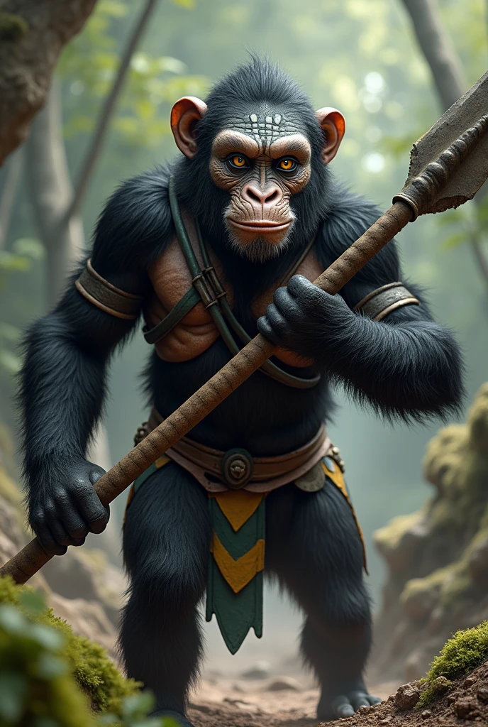 Make an ape with war paints on his face white sclera amber irises with green streaks in his irises and he’s holding a spear